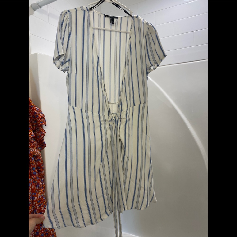 White and Navy striped wrap dress